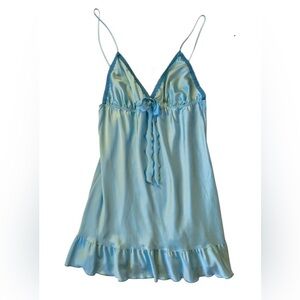 Vintage Victoria's Secret Angels Turquoise Blue Satin Bow Slip Ruffle hem.